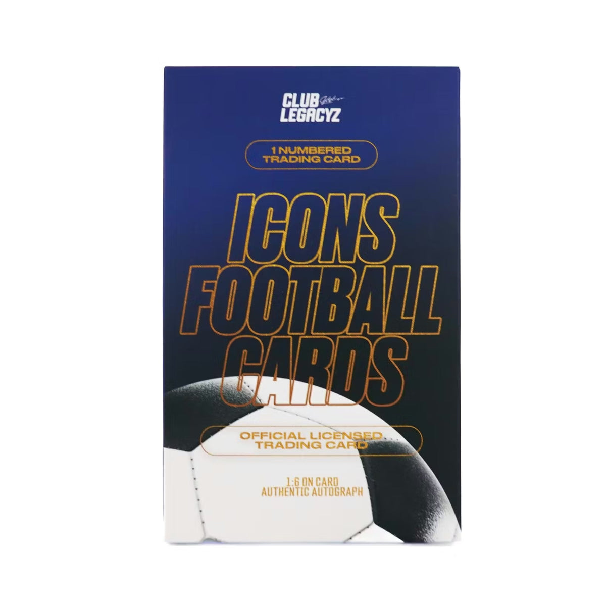 Box of Club Legacyz Icons Football Cards with a soccer ball design on a white background