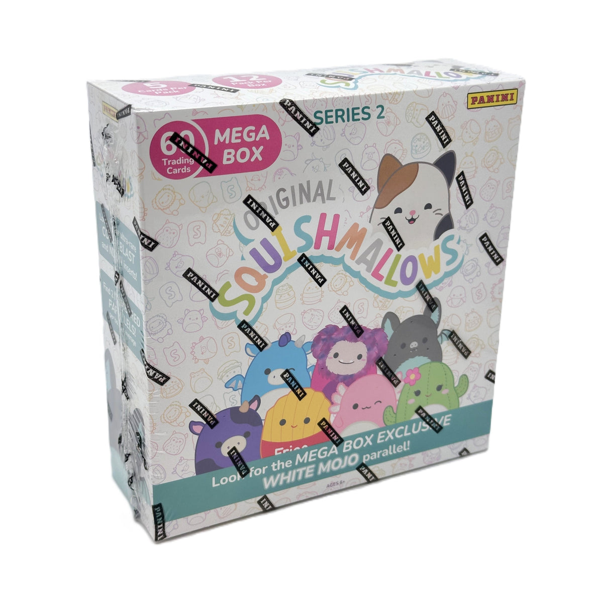 Box of Squishmallows trading cards with cartoon characters on a white background