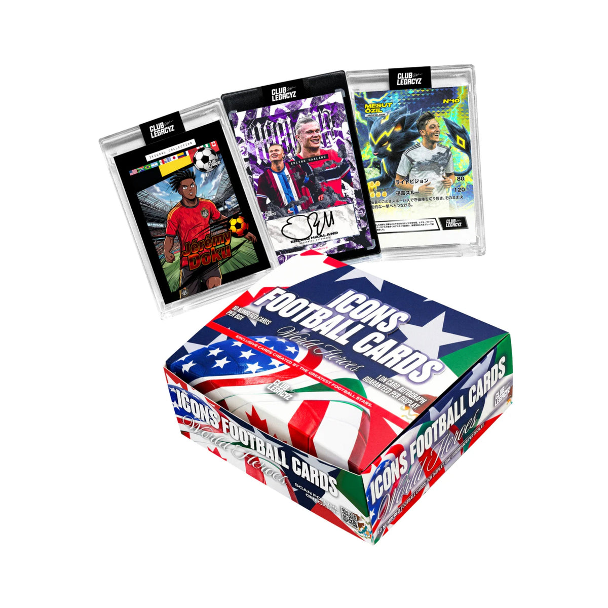 Collection of football cards with a display box labeled 'Icons Football Cards' on a white background