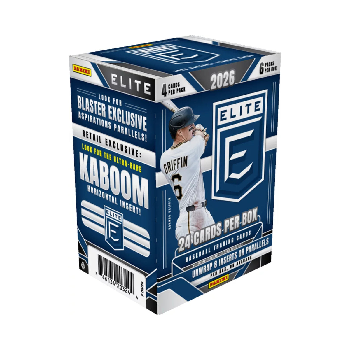 Panini Elite Kaboom 2026 baseball trading card booster box, featuring a navy blue and white design with a baseball player graphic on the front, set against a plain white background.