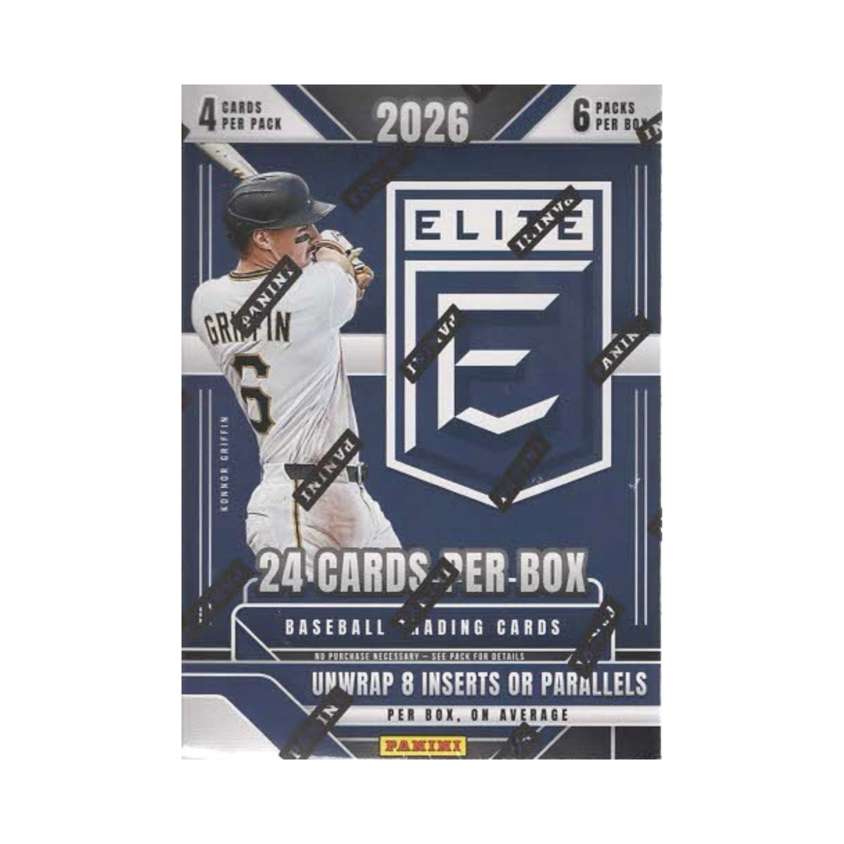 A 2026 Panini Elite Baseball trading card box, featuring a navy blue and silver design with a baseball player graphic and multiple diagonal protective tape overlays.