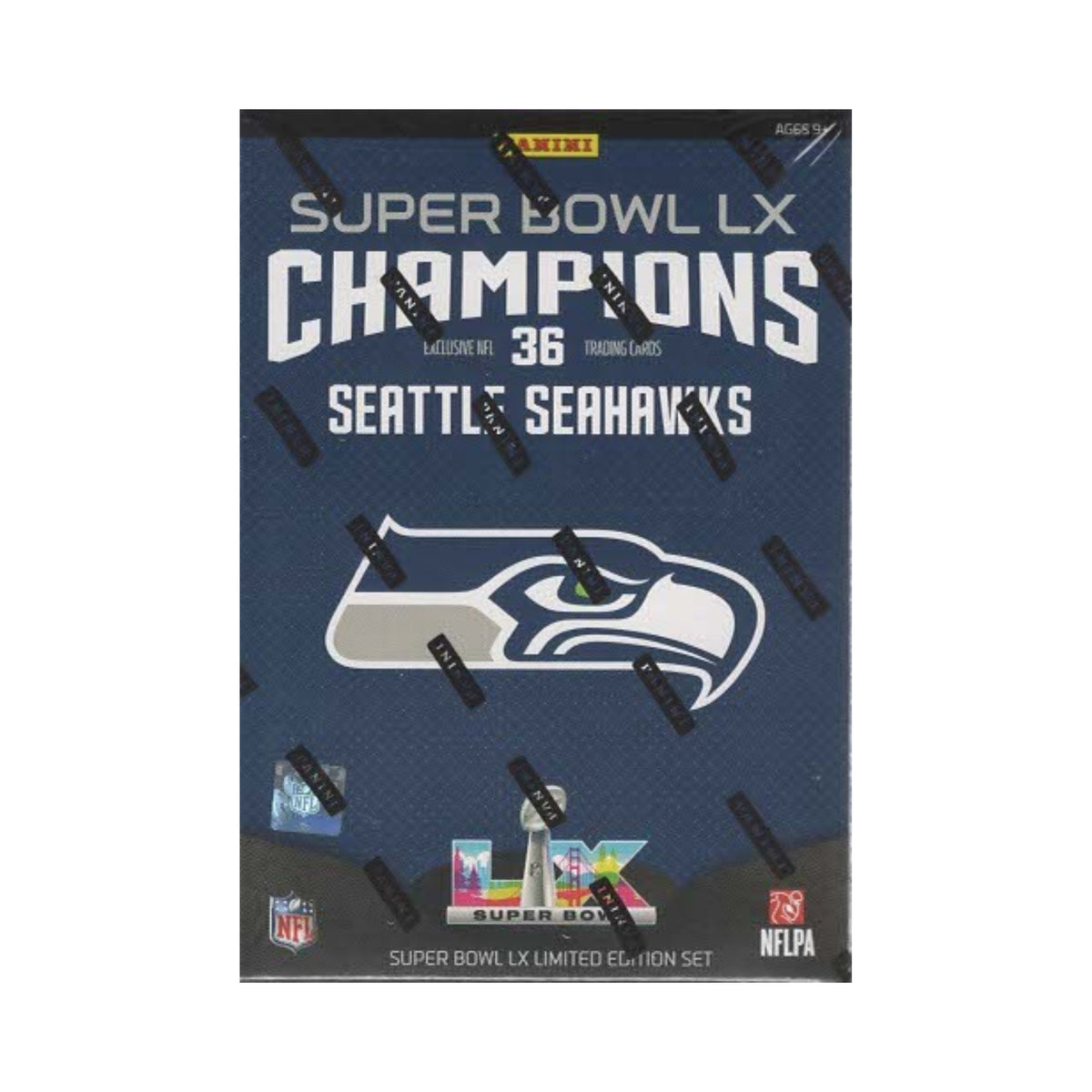 Super Bowl LX Champions Seattle Seahawks trading card pack with team logo and championship text.