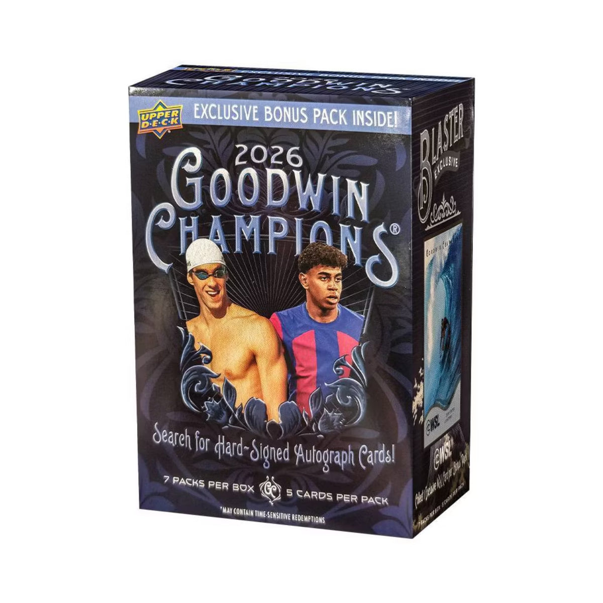 A 2026 Goodwin Champions trading card booster box by Upper Deck, featuring a dark blue and black design with images of swimmer Jordan Bridges and football player Jalen Hurts, plus text advertising an exclusive bonus pack and autograph card search.