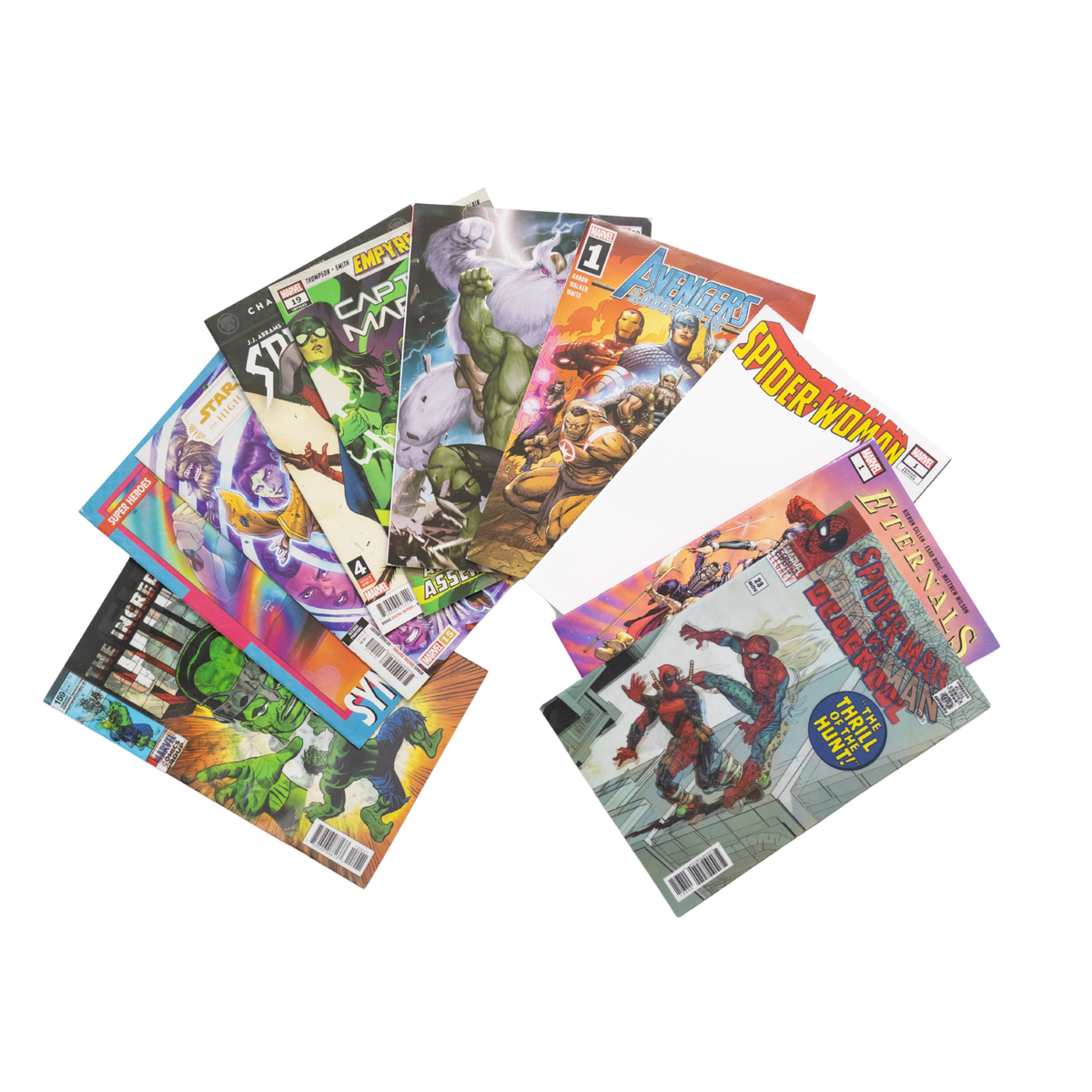 Collection of comic books with superhero graphics on a white background