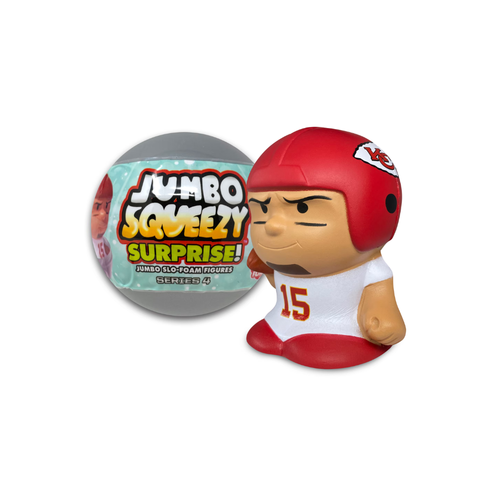 Toy figure with helmet and jersey next to its packaging labeled 'Jumbo Squeeze Surprise'.