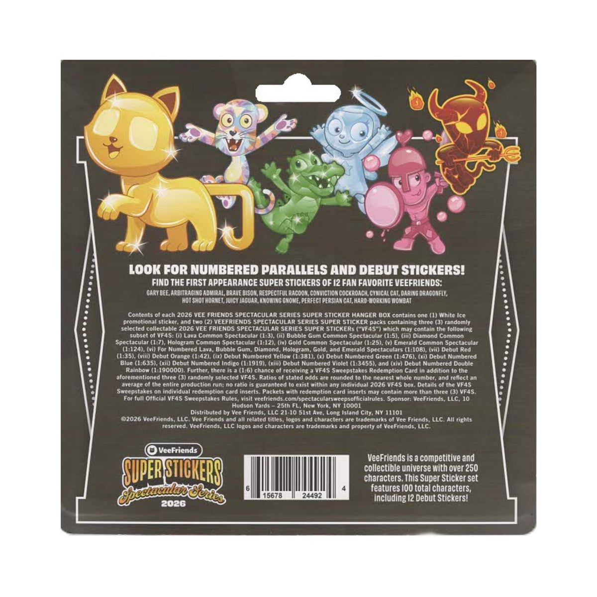 Back of a trading card packaging with colorful characters and text.